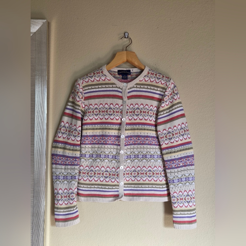 Charter Club Cotton Chunky Knit Cardigan Spring Pastels Cottage Eclectic Vintage